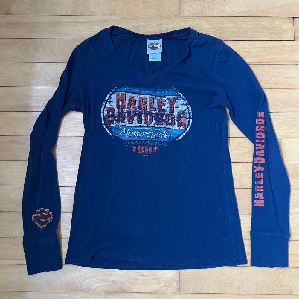 Harley Davidson Womens XS Navy Blue Long Sleeve V-Neck Shirt 2013